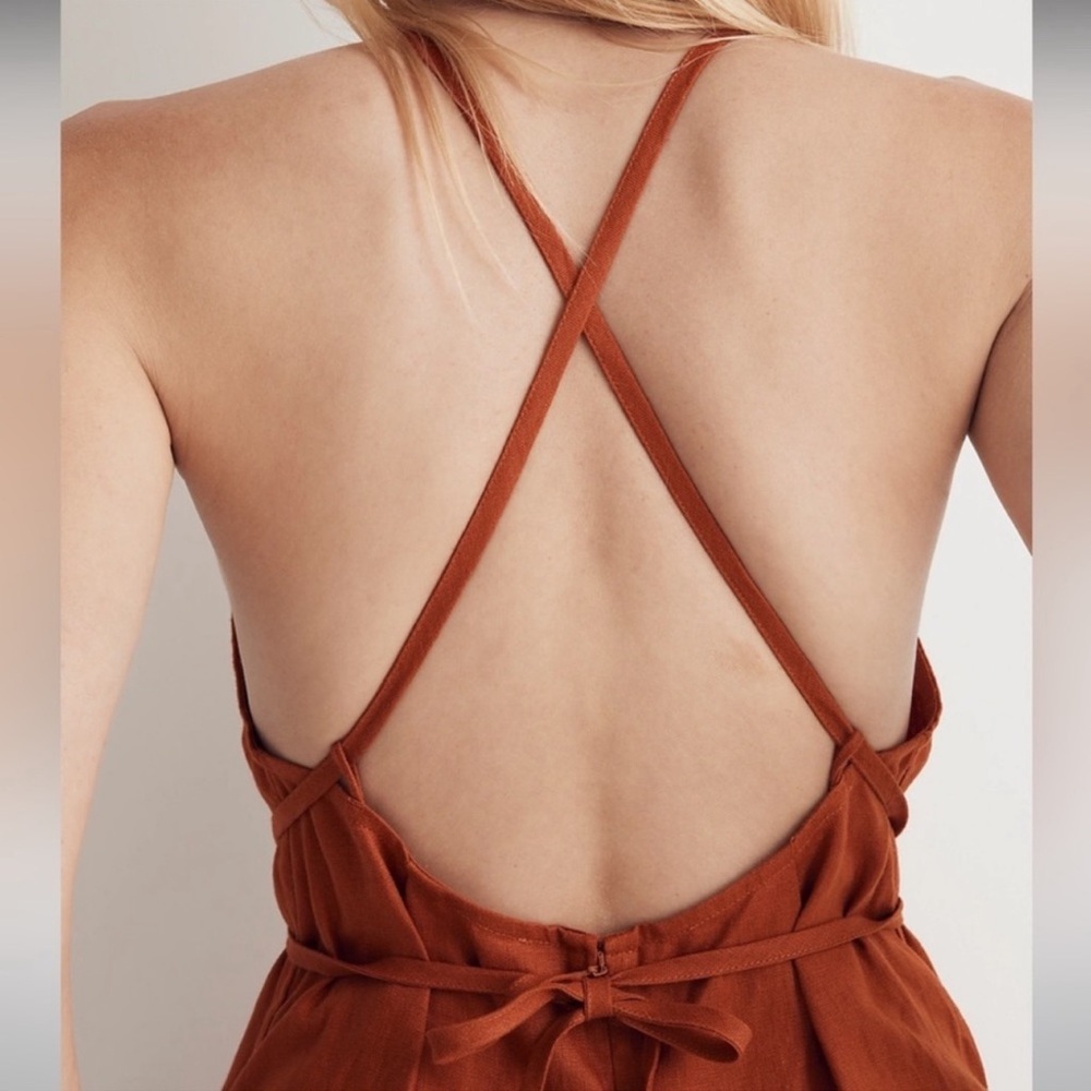 Madewell 100% Linen Tie Waist Wide-Leg Jumpsuit in Rusted Orange - Picture 4 of 8